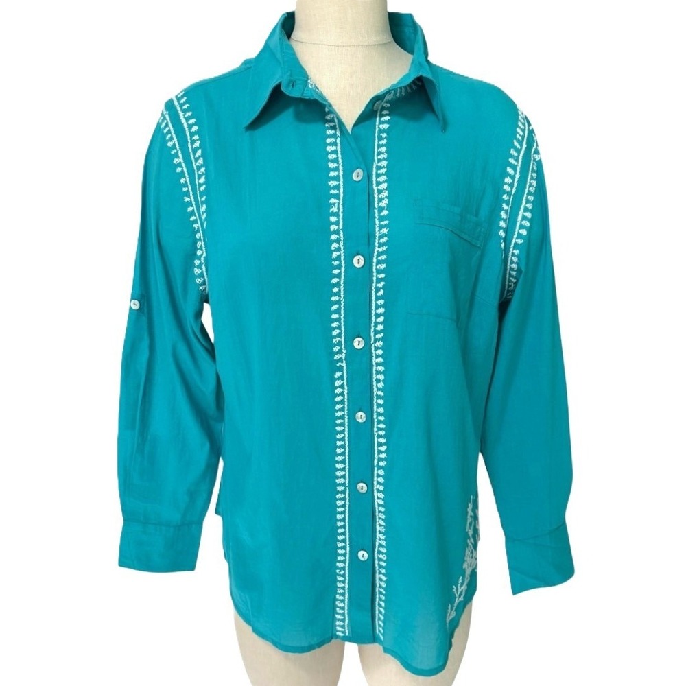 NWT Soft Surroundings Petite Large Teal Embroidered Button Back Tunic Top Cotton